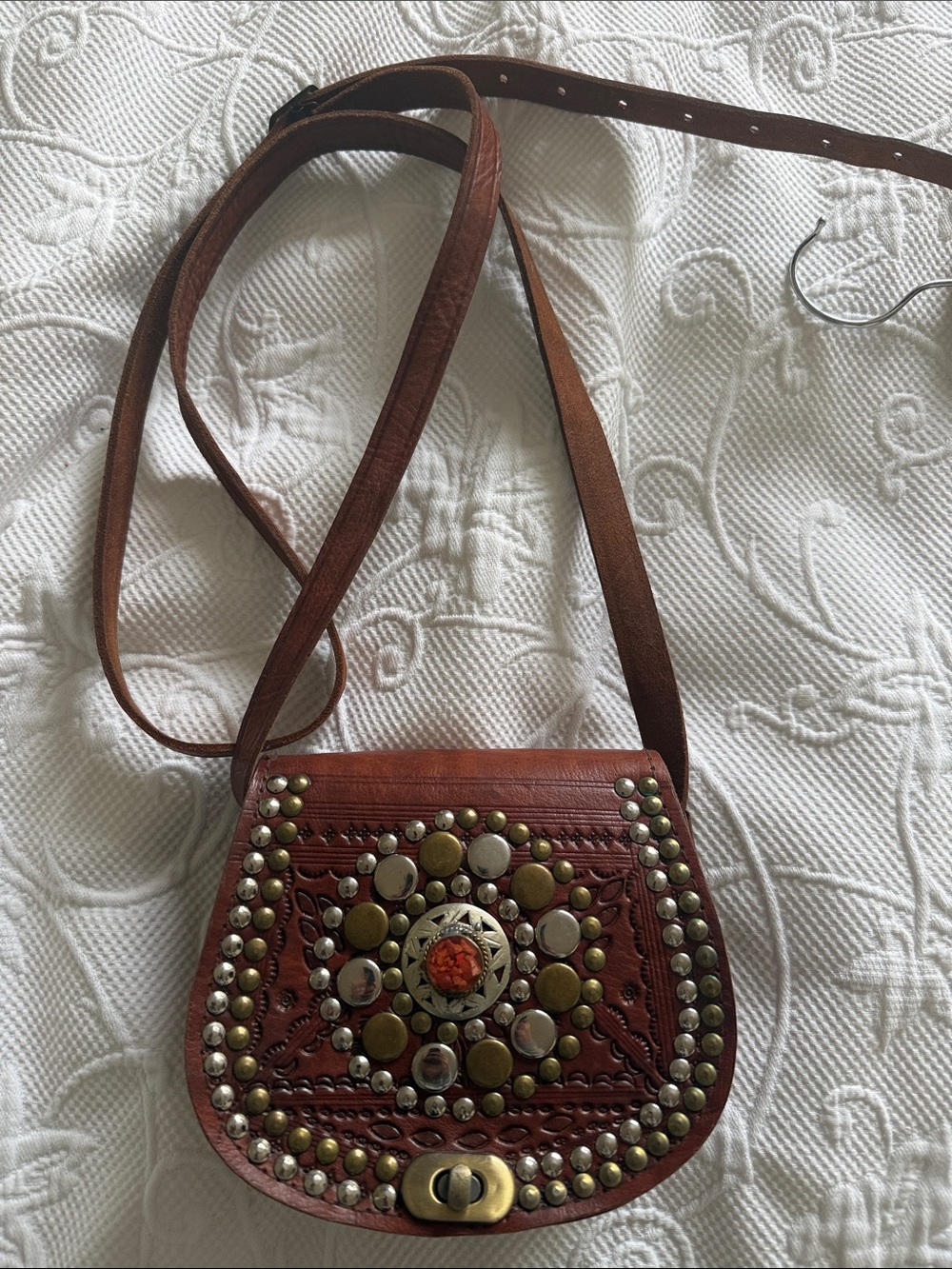 Brown Leather Crossbody Bag with Stud Accents